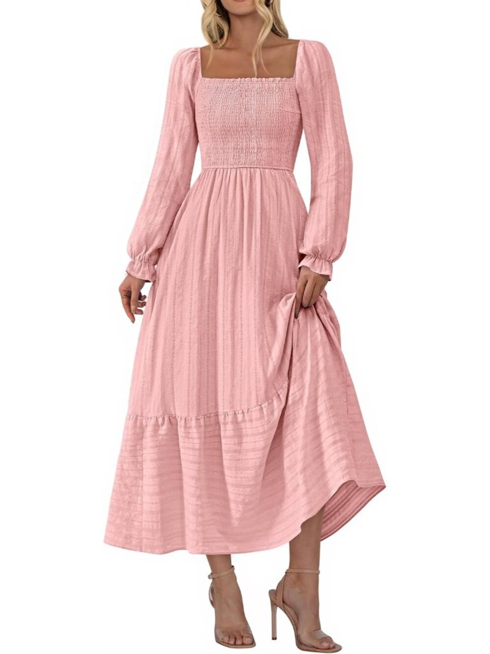 Women's Light Pink Square Neck 2026 Long Sleeve Boho Wedding Guest Maxi Dresses